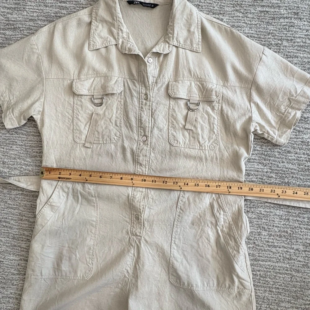 Zara Linen Blend Button Down Shirt Romper Size Large Cargo Pocket Utility Belted